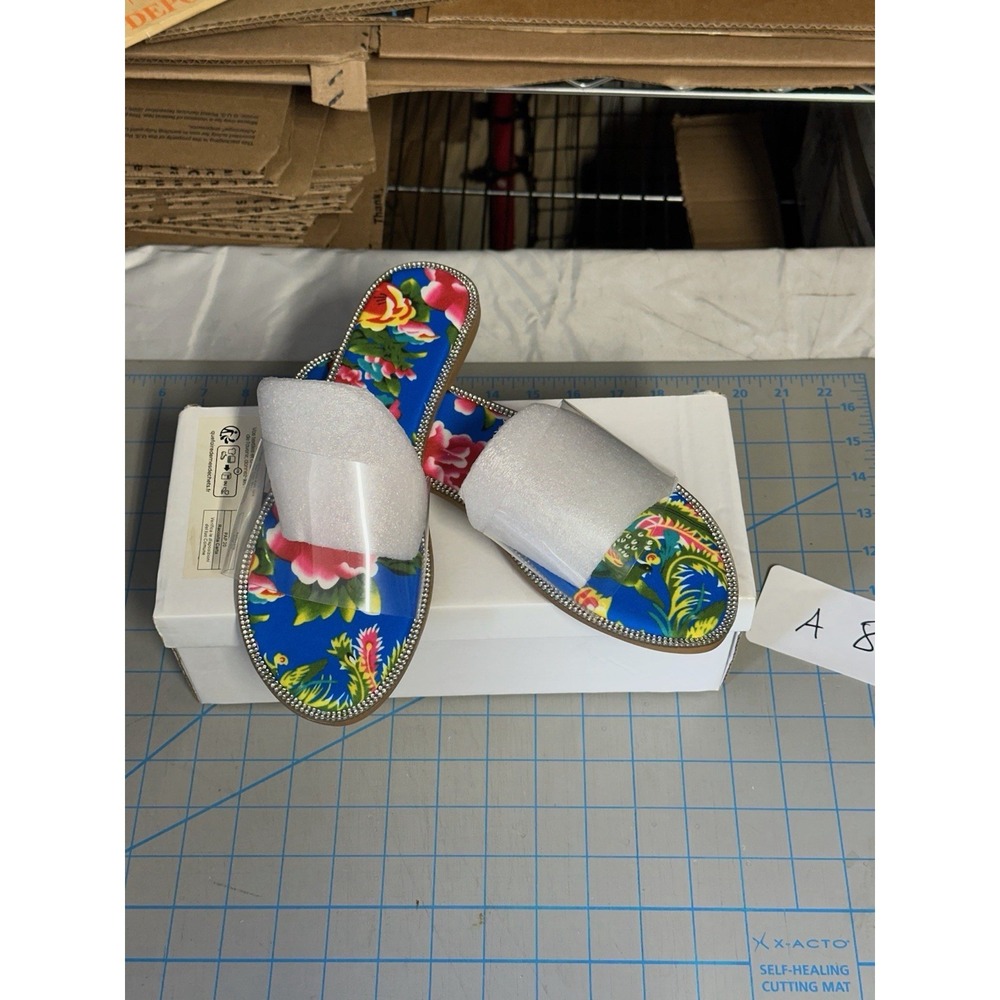 Women's Floral Rhinestone Slide Sandals Blue Pink Size 8